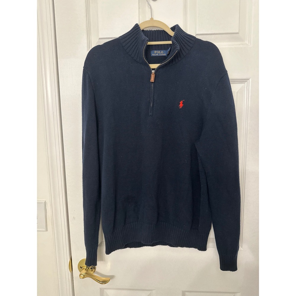 Polo Ralph Lauren Mens Navy Blue Cotton Quarter Zip Sweater Red Pony Logo Large